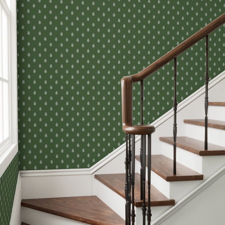 Christmas Pine Cone in Bright White on Fir Tree Green Wallpaper bright white wallpaper
