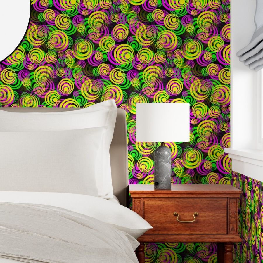 Bright Yellow Pink and Green 70s Hippy Circles Wallpaper disco circles wallpaper