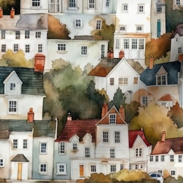Small English Town Houses in Watercolor Decor Collection Home Styling Collection english cottages fabric design