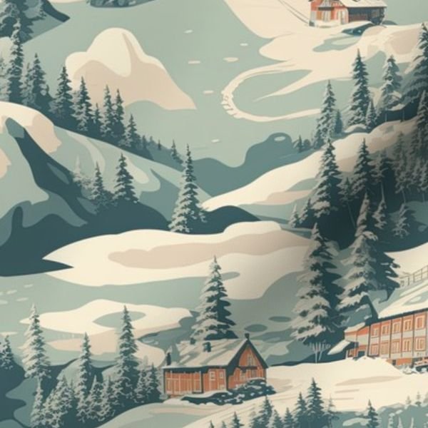 Small Vintage Ski Slope Cabins in Woods Blue Interior Collection Home Styling Collection ski print fabric design