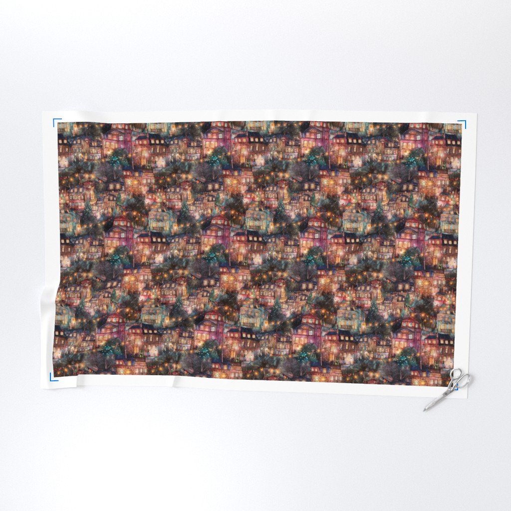 London City Christmas at Midnight Street Watercolor Fabric design fabric