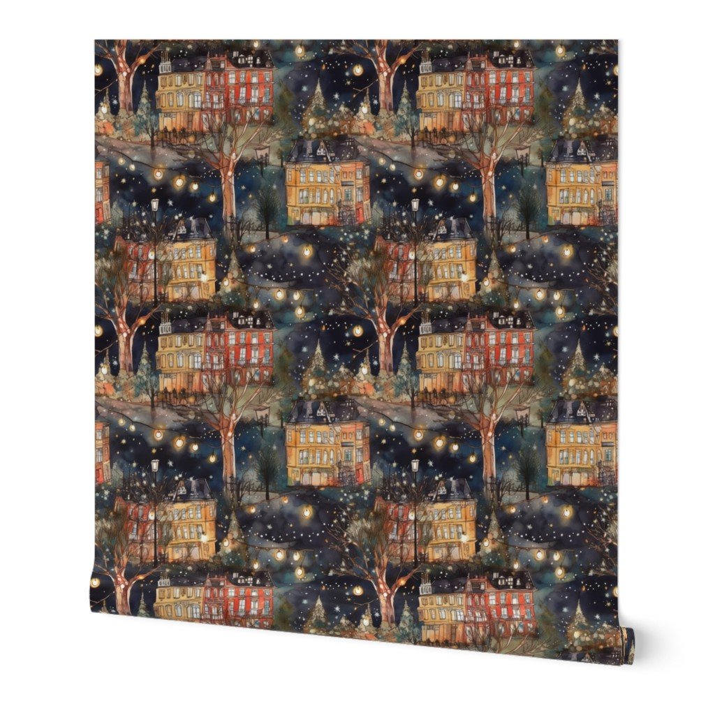 London City Christmas at Midnight Street Watercolor Wallpaper buildings houses wallpaper
