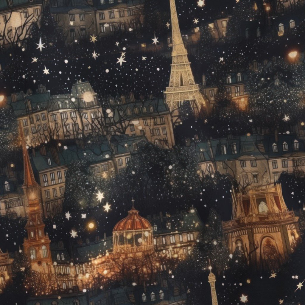 Paris City Christmas at Midnight Street Watercolor Fabric design fabric