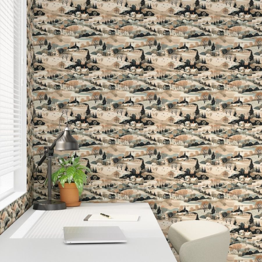 Small Vintage New England Village Winter Wallpaper muted colors wallpaper
