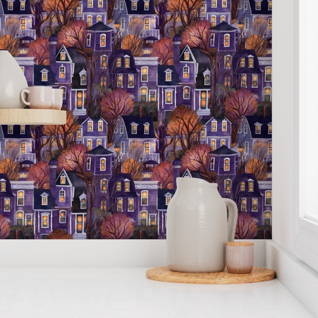 Bright Purple Haunted New England Village Watercolor Wallpaper bright purple wallpaper