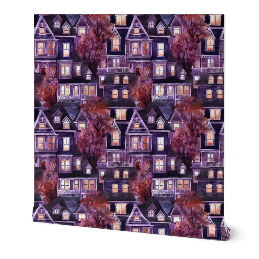 Bright Purple Haunted New England Village Watercolor Wallpaper bright purple wallpaper