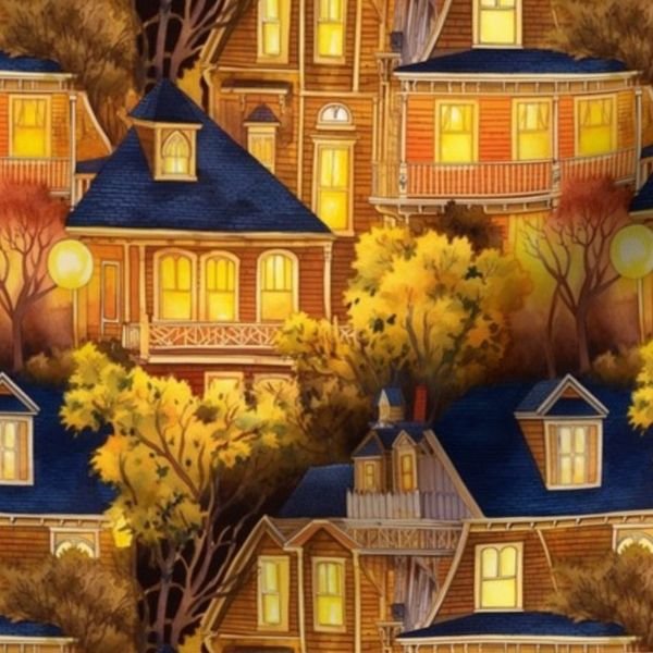 Bright Yellow Haunted New England Village Watercolor with Lighthouse Decor Collection Home Decor Collection bright yellow fabric design