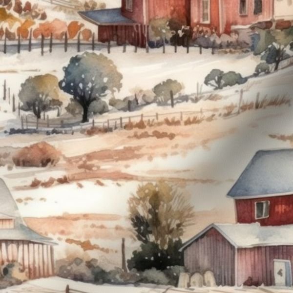 Winter Snowy Farm Landscape Watercolor Home Decor Collection Home Decor Collection farm fields fabric design
