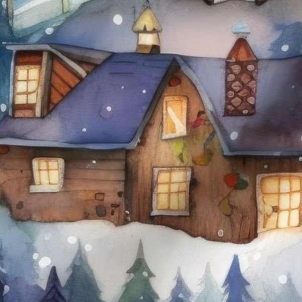 Large Christmas Rustic Country Winter Cabins Watercolor Decor Collection Design Collection christmas cabins fabric design