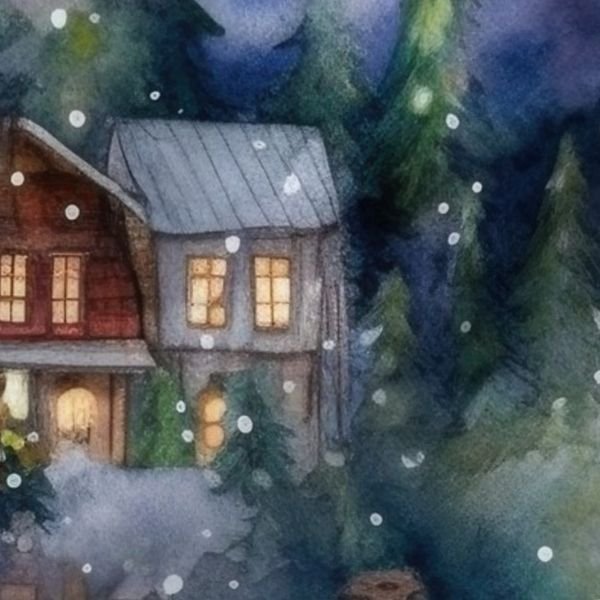 Large Christmas Christmas Rustic Village Winter Cabins Watercolor Home Decor Collection Home Styling Collection christmas cabins fabric design