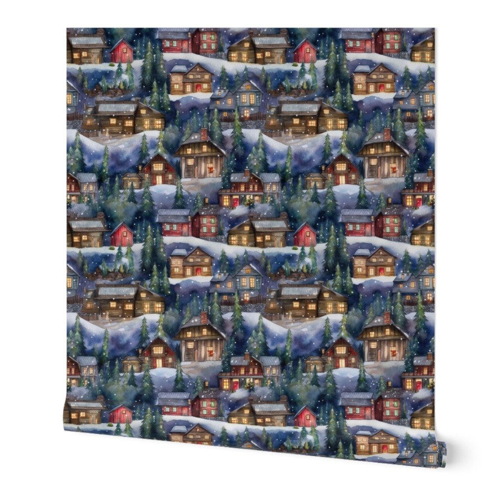 Small Christmas Christmas Rustic Village Winter Cabins Watercolor Wallpaper christmas cabins wallpaper