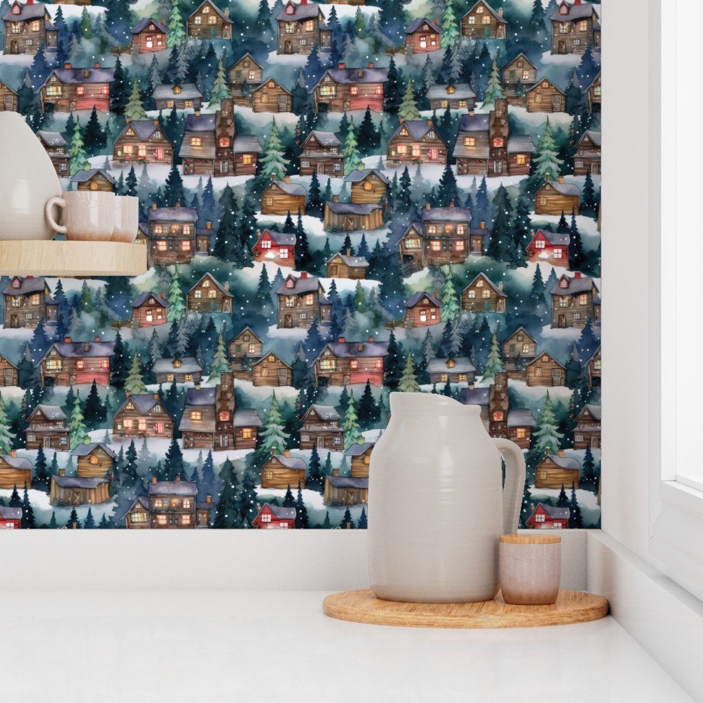 Small Christmas Christmas Rugged Country Winter Cabins Watercolor Wallpaper christmas cabins wallpaper
