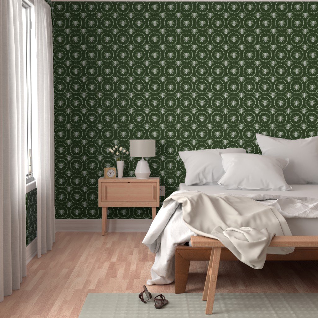 Large French Provincial Bees in Laurel Wreaths in White on Lichen Wallpaper autumn bees wallpaper