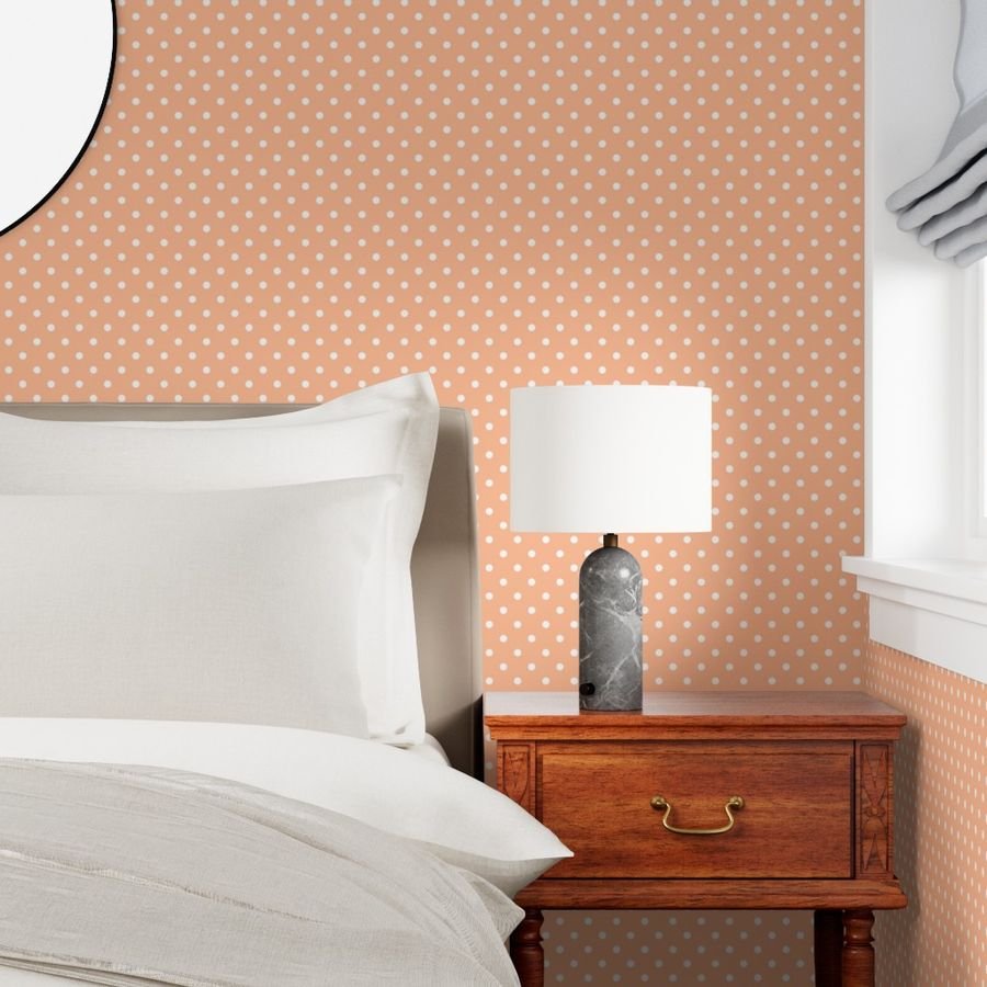 One Inch Polka Dot Spots in Peach Fuzz Color of the Year 2024 and White Home Decor Collection Home Decor Collection one inch wallpaper