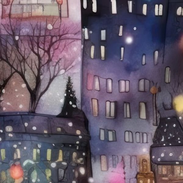 Large New York City Christmas Street Watercolor Home Styling Collection Home Styling Collection buildings houses fabric design