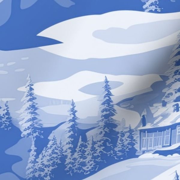 Small Montana Winter Cabins Montana with Evergreens in Mid China Blue Interior Collection Decor Collection blue glaze fabric design
