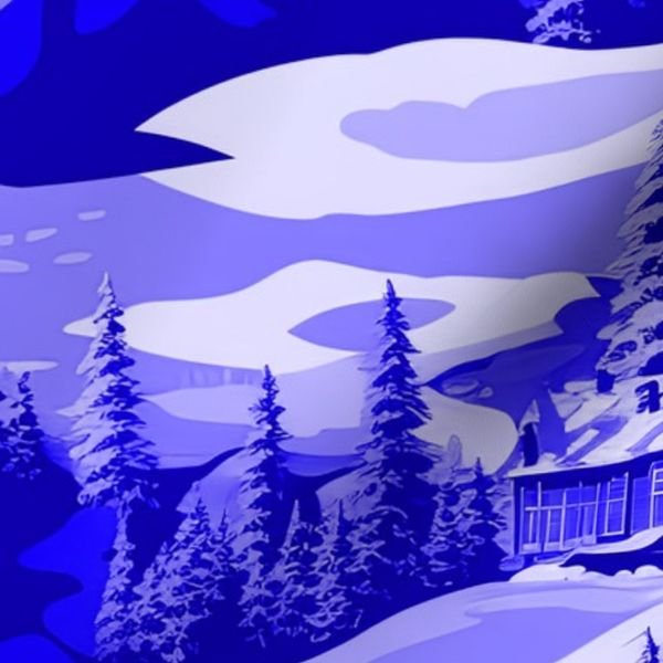 Small Montana Winter Cabins Montana with Evergreens in Royal China Blue Decor Collection Design Collection blue glaze fabric design