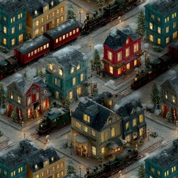 Small Isometric Snowy Christmas Village with Festive Trains and Townhouses Decor Collection Home Decor Collection christmas fabric design