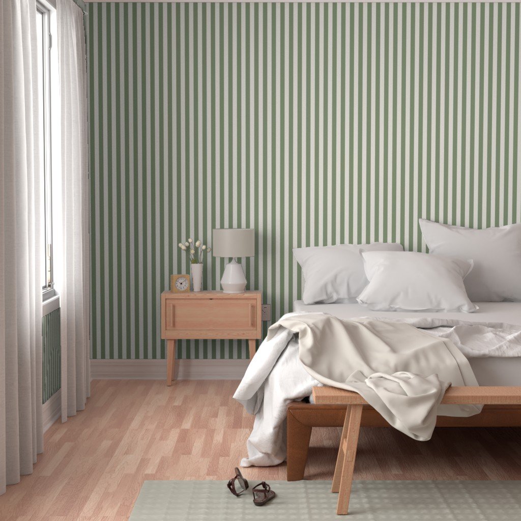 Classic Ivory and Sage Green One Inch Broad Stripe Pattern Wallpaper broad stripe wallpaper