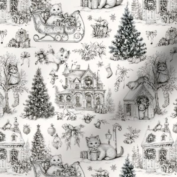 Christmas Cats Toile Black and White Home Styling Collection Home Styling Collection black and white fabric design