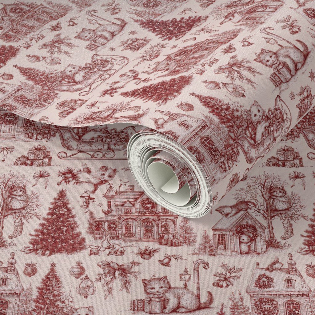 Christmas Cats Toile Christmas Red Wallpaper cat pattern wallpaper