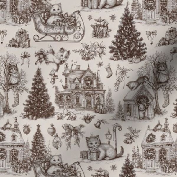 Christmas Cats Toile Chocolate Brown Home Styling Collection Decor Collection brown toile fabric design