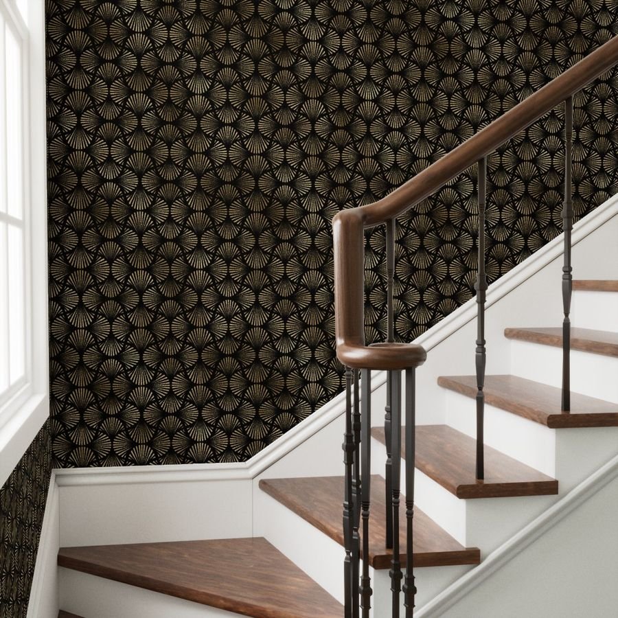 Vintage Foil Palm Fans in Black and Gold Art Deco Neo Classical Pattern Wallpaper art deco wallpaper