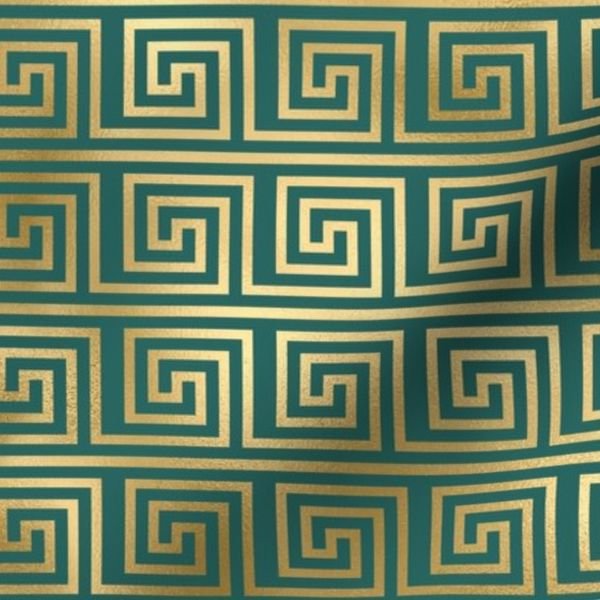 Teal and Faux Gold Foil Vintage Art Deco Greek Key Pattern Interior Collection Interior Collection art deco fabric design