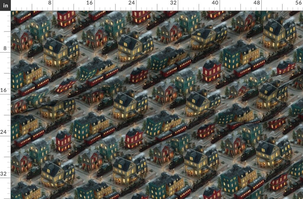 Isometric Snowy Christmas Village with Festive Trains and Fabric design