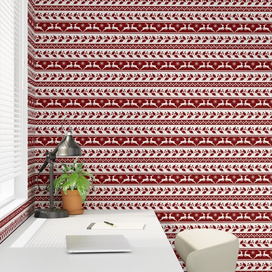 Large Dark Christmas Candy Apple Red Nordic Reindeer Stripe in White Design Collection Home Styling Collection nordic pattern wallpaper