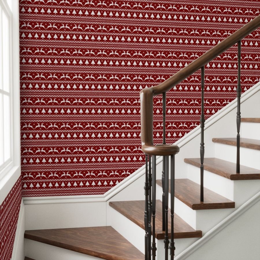 Large Dark Christmas Candy Apple Red Nordic Reindeer Stripe in White Home Decor Collection Interior Collection nordic pattern wallpaper