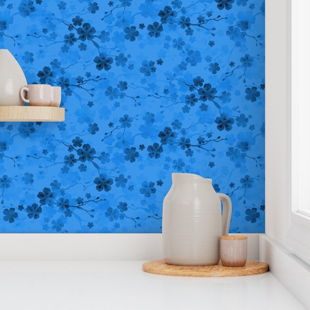 Classic Blue Pastel Watercolor Cherry Blossom Flowers and Vines Home Styling Collection Interior Collection flowers vines wallpaper