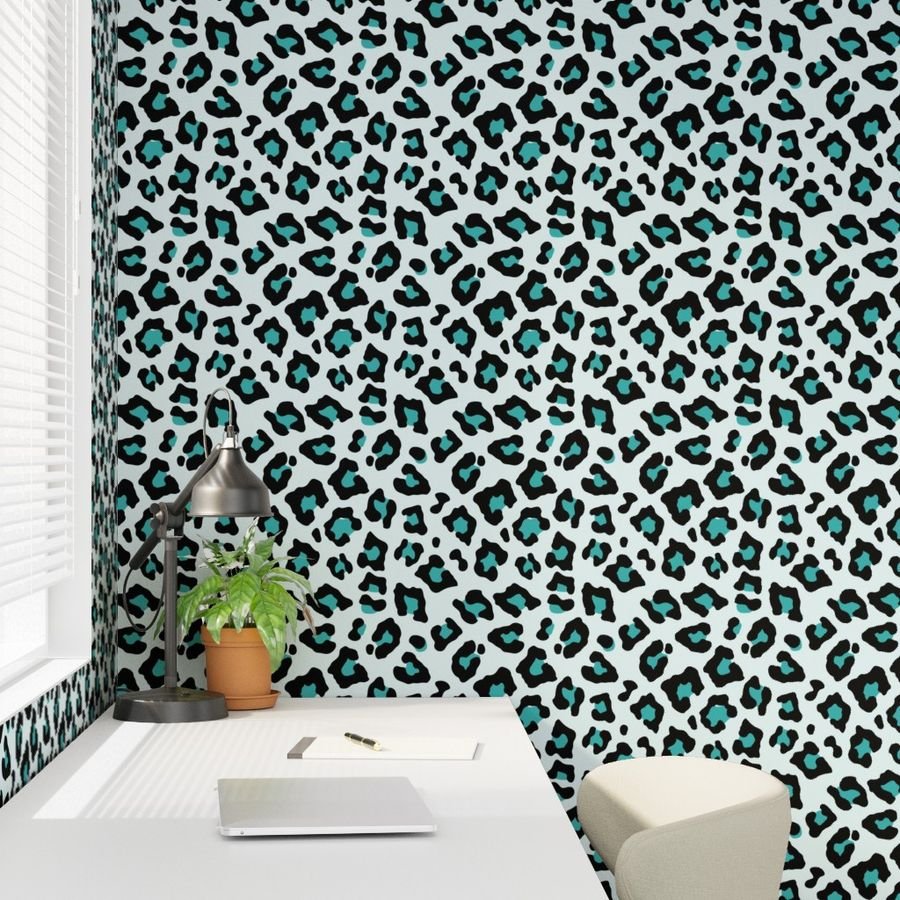 Jumbo Leopard Spots Animal Repeat Pattern Print in Turquoise Blue and Black Decor Collection Home Styling Collection leopard spots wallpaper