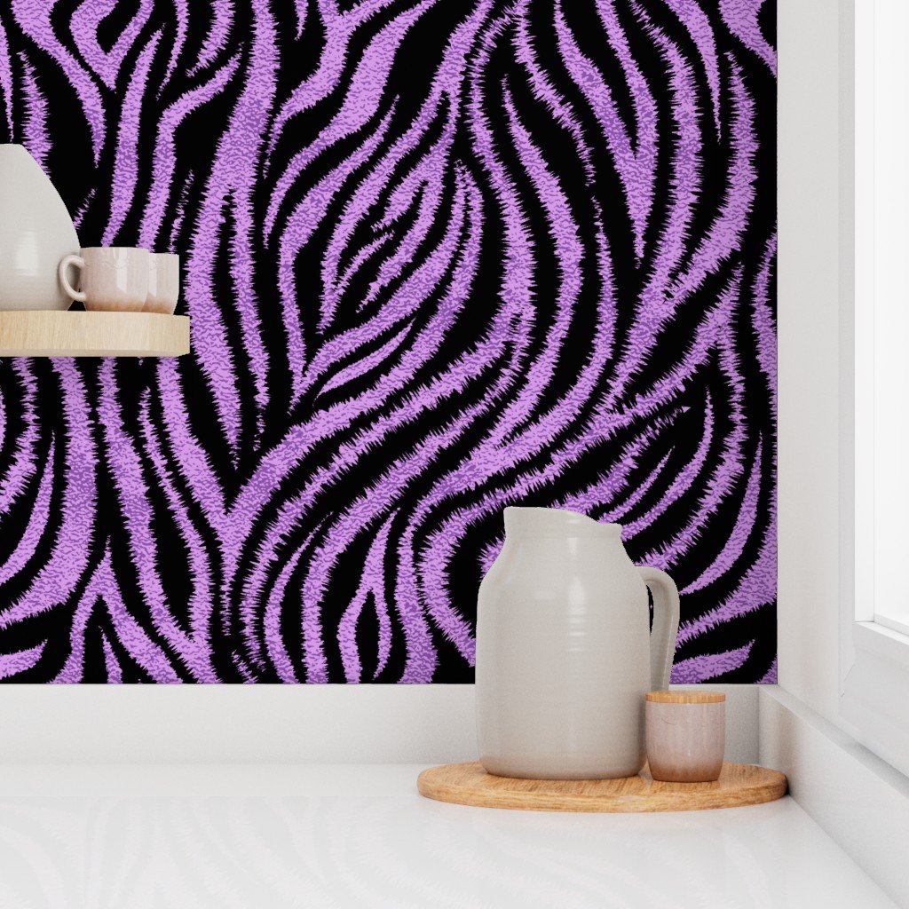 Textured Animal Striped Tiger Fur in Bold Purple Lavender and Black Design Collection Home Decor Collection zebra stripes wallpaper