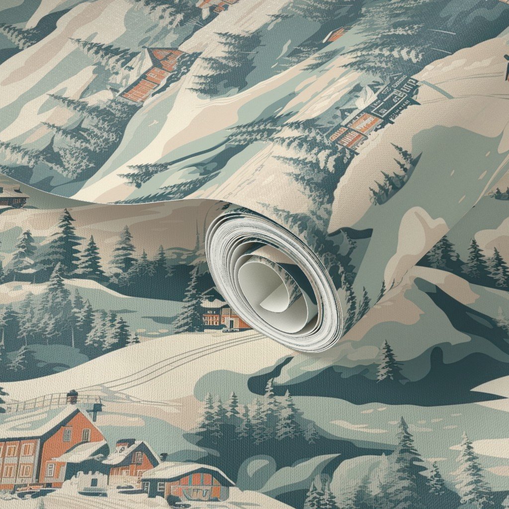 Small Vintage Ski Slope Cabins in Woods Blue Interior Collection Home Styling Collection ski print wallpaper