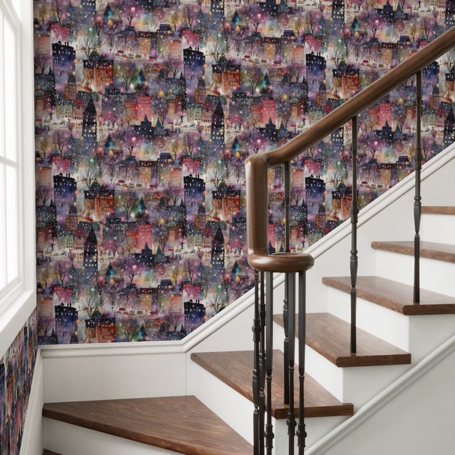 Large New York City Christmas Street Watercolor Home Styling Collection Home Styling Collection new york houses wallpaper