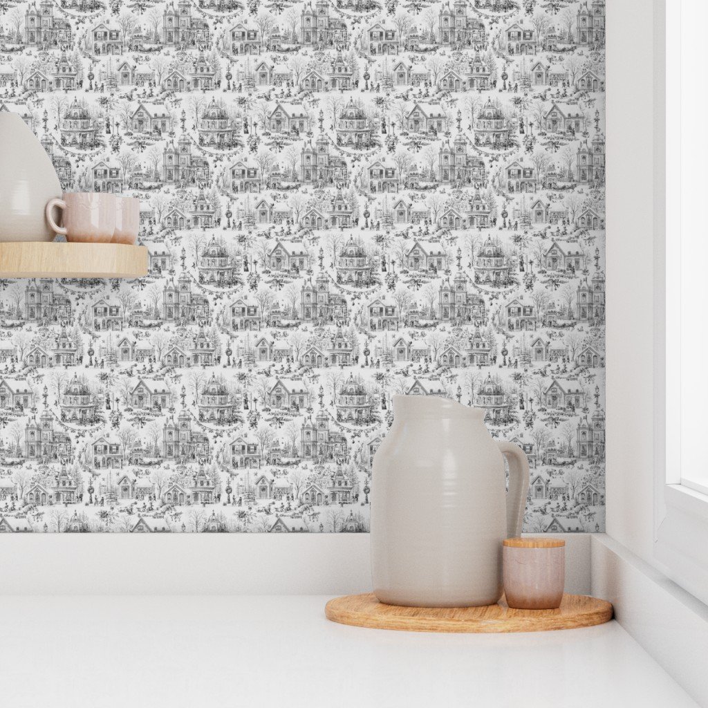 Victorian Christmas Village Toile Black and White Home Decor Collection Interior Collection winter village wallpaper