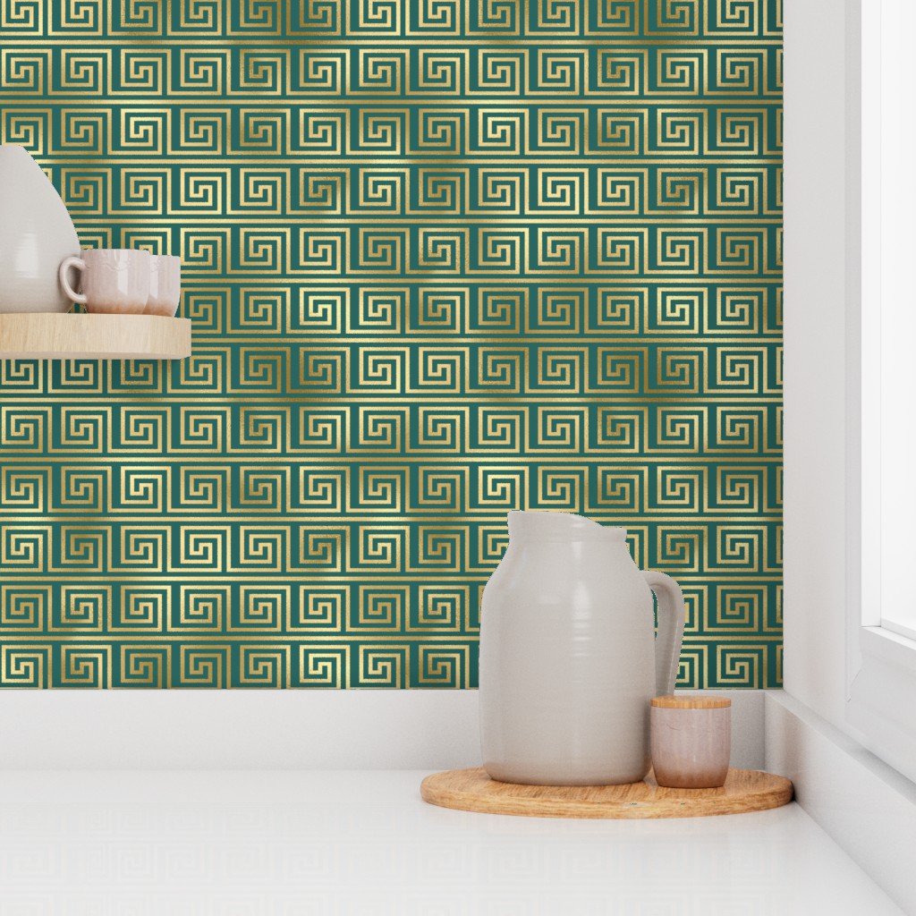 Teal and Faux Gold Foil Vintage Art Deco Greek Key Pattern Interior Collection Interior Collection gold foil wallpaper