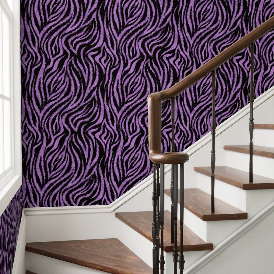 Textured Animal Striped Tiger Fur in Bold Purple Lavender and Black Design Collection Home Decor Collection animal fur wallpaper