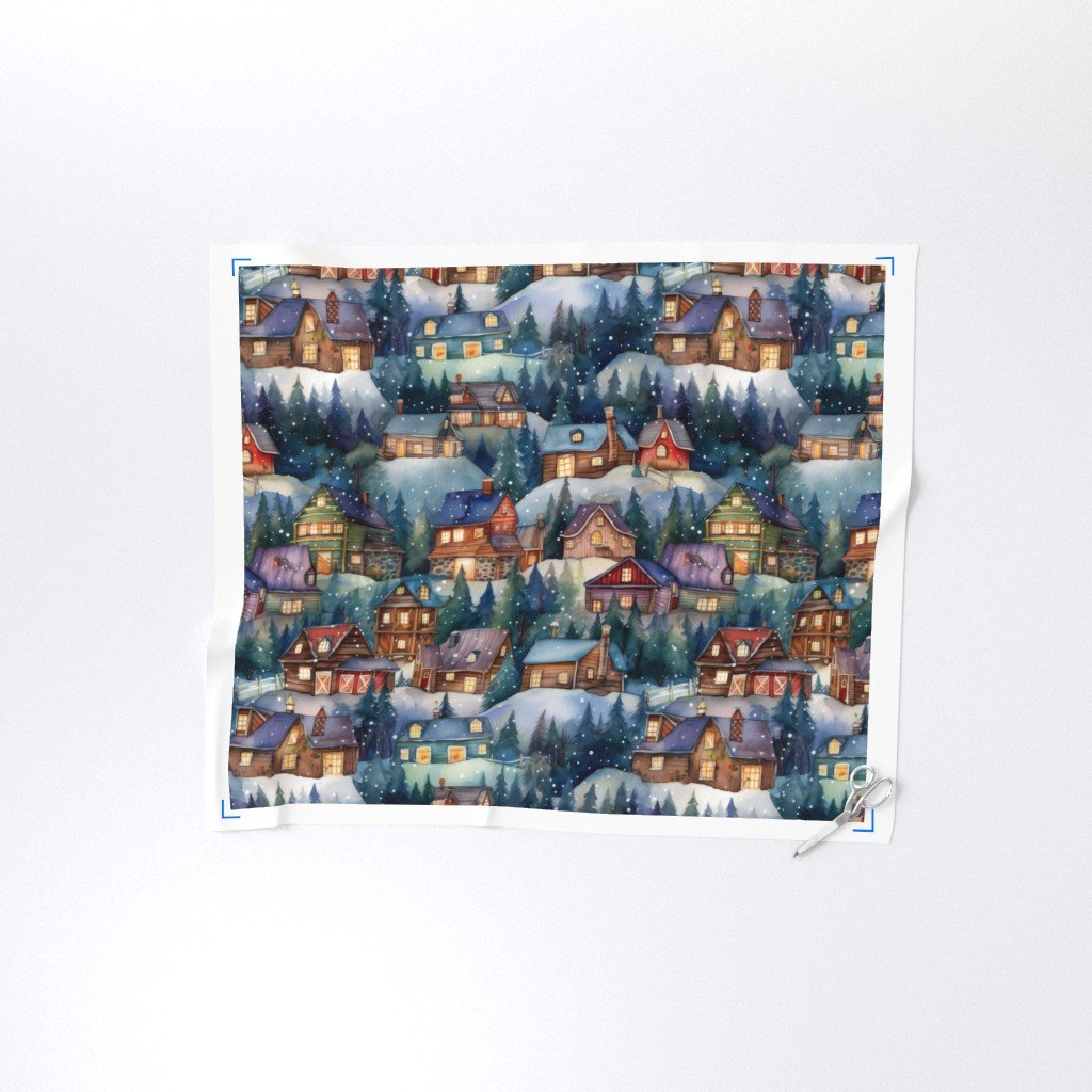 Large Christmas Rustic Country Winter Cabins Watercolor Decor Collection Design Collection christmas cabins fabric