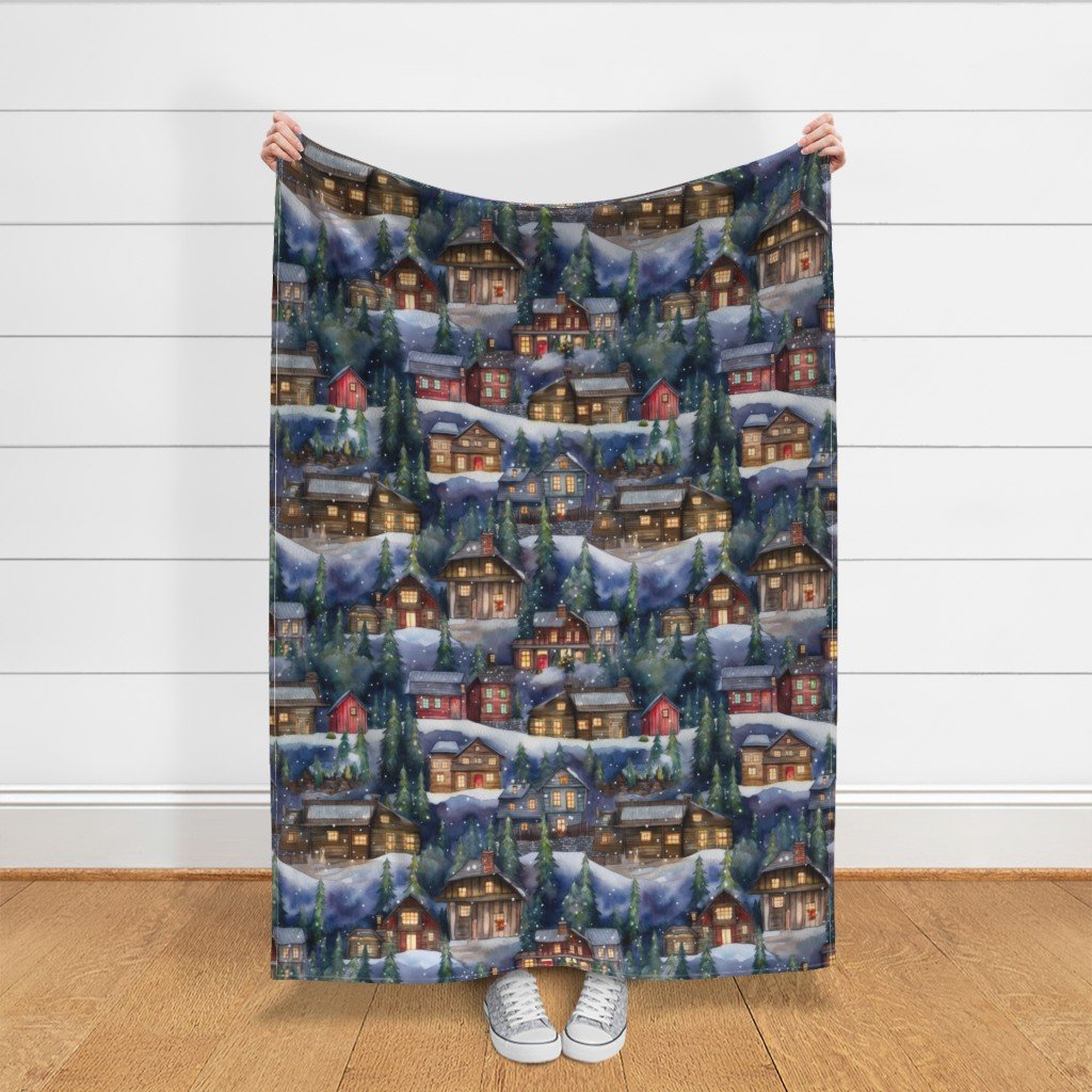 Large Christmas Christmas Rustic Village Winter Cabins Watercolor Home Decor Collection Home Styling Collection christmas cabins fabric