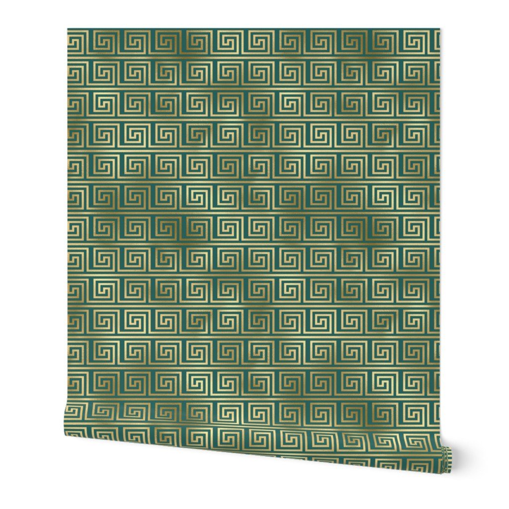 Teal and Faux Gold Foil Vintage Art Deco Greek Key Pattern Interior Collection Interior Collection greek key wallpaper