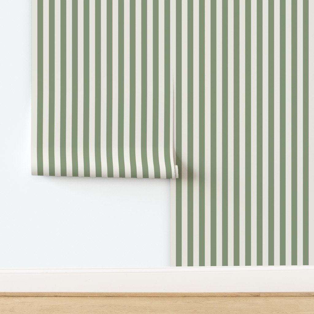 Classic Ivory and Sage Green One Inch Broad Stripe Pattern Wallpaper design