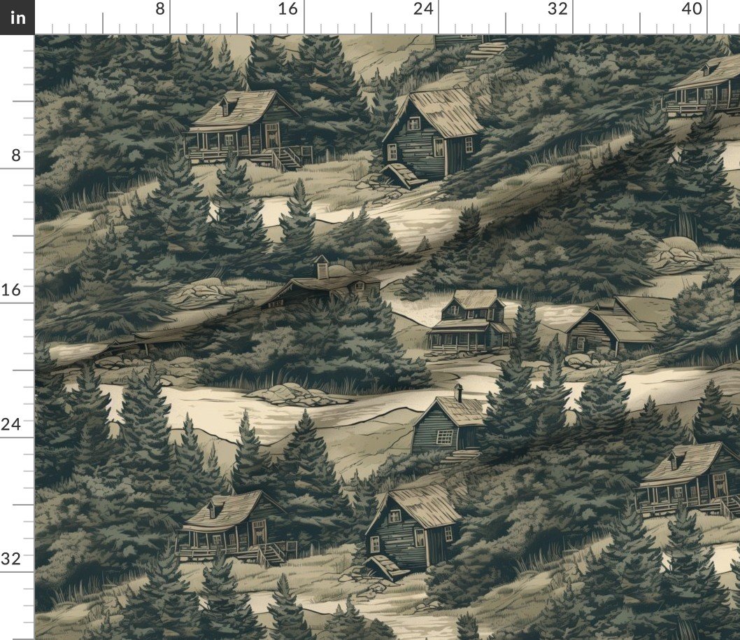 Montana Treescape Evergreens with Cabins Home Styling Collection Interior Collection montana forest fabric