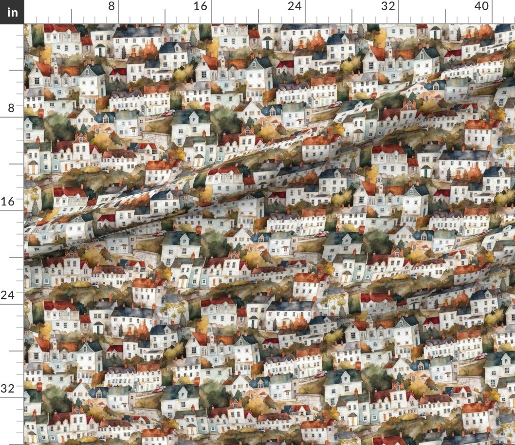 Small English Town Houses in Watercolor Decor Collection Home Styling Collection english houses fabric