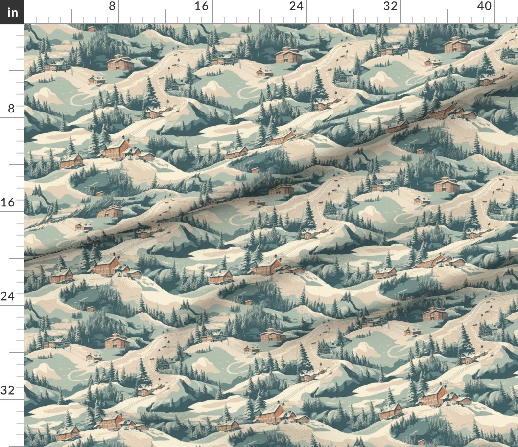 Small Vintage Ski Slope Cabins in Woods Blue Interior Collection Home Styling Collection ski slope fabric