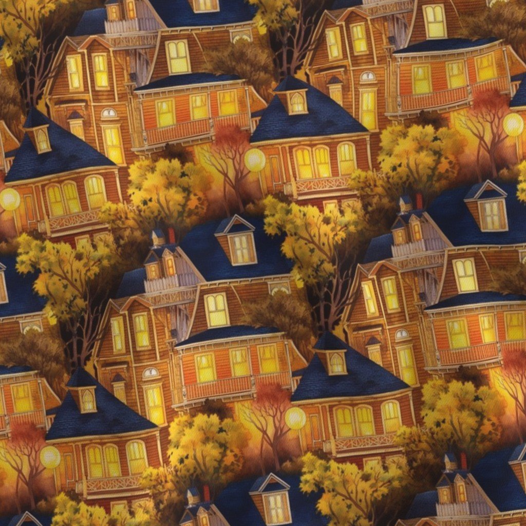 Bright Yellow Haunted New England Village Watercolor with Lighthouse Decor Collection Home Decor Collection halloween night fabric