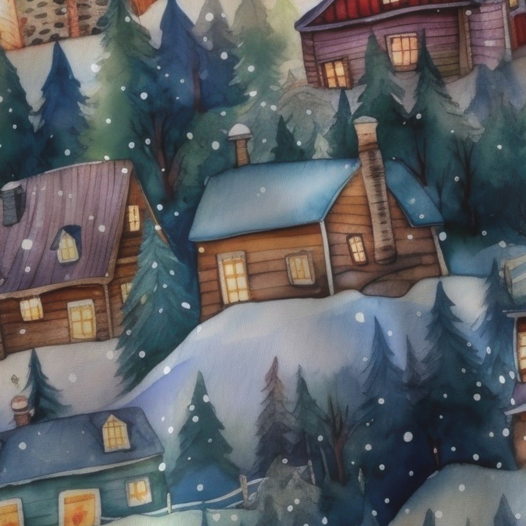 Large Christmas Rustic Country Winter Cabins Watercolor Decor Collection Design Collection christmas scene fabric