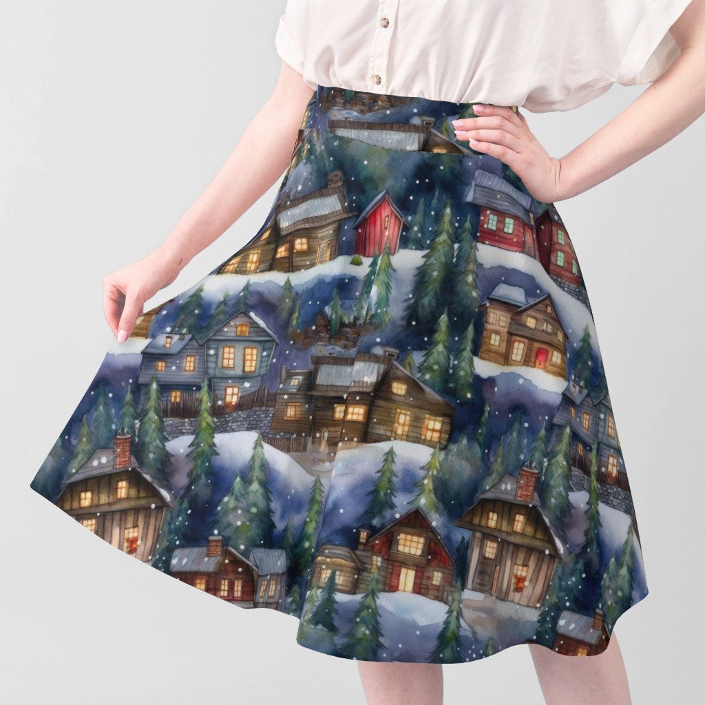 Large Christmas Christmas Rustic Village Winter Cabins Watercolor Home Decor Collection Home Styling Collection christmas scene fabric
