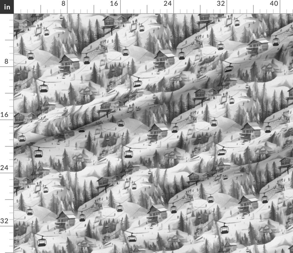Vintage Ski Slope Cabins in Black and White Fabric design